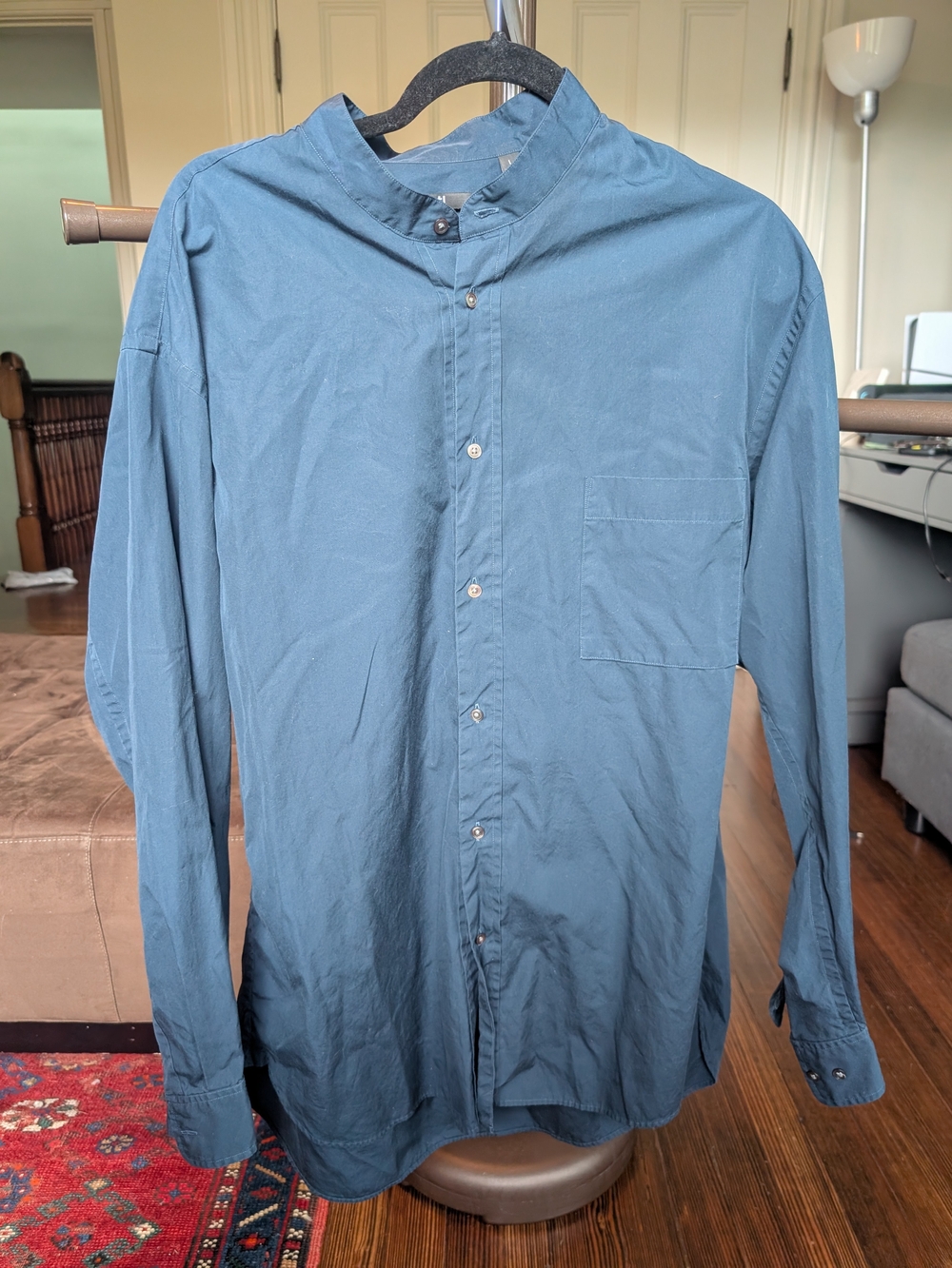 Men's Uniqlo +J Blue Button-Up Shirt with Band Collar